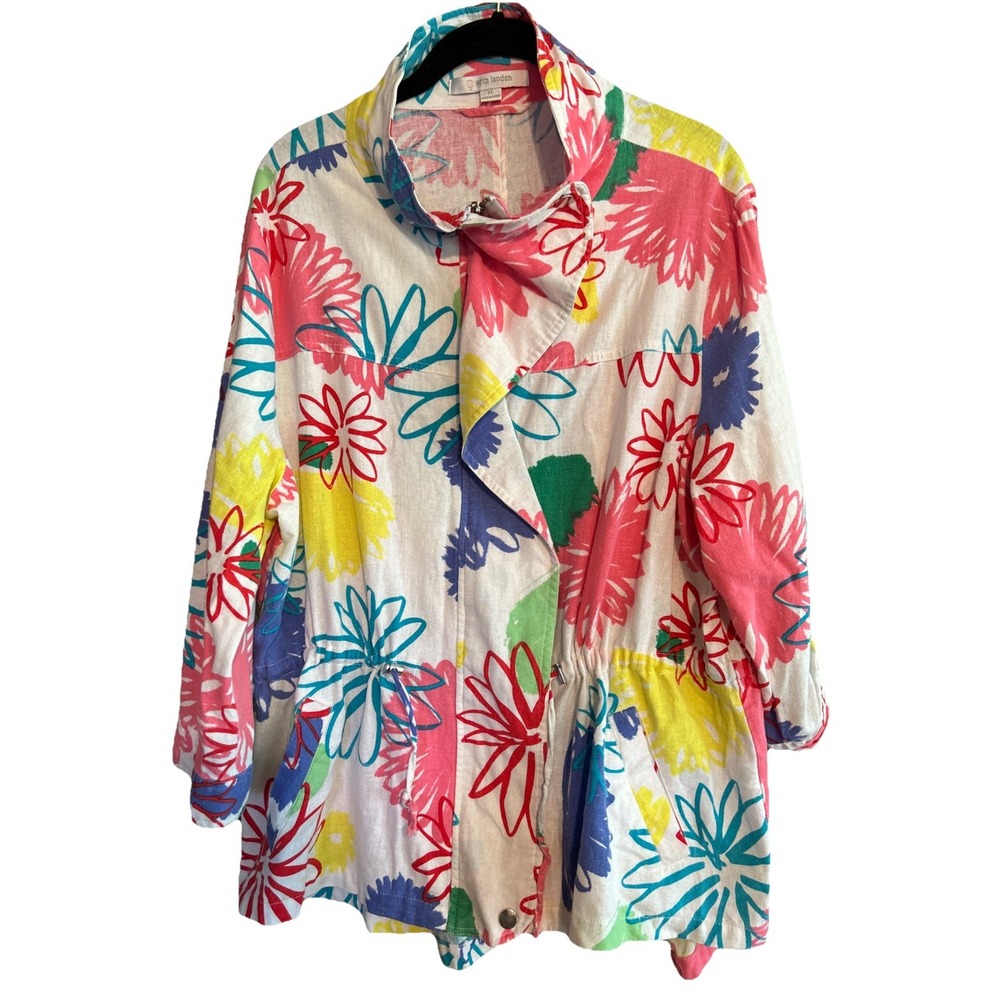 Erin London Colorful Linen Blend Jacket Roll Tab Sleeves Optional Cinch Waist